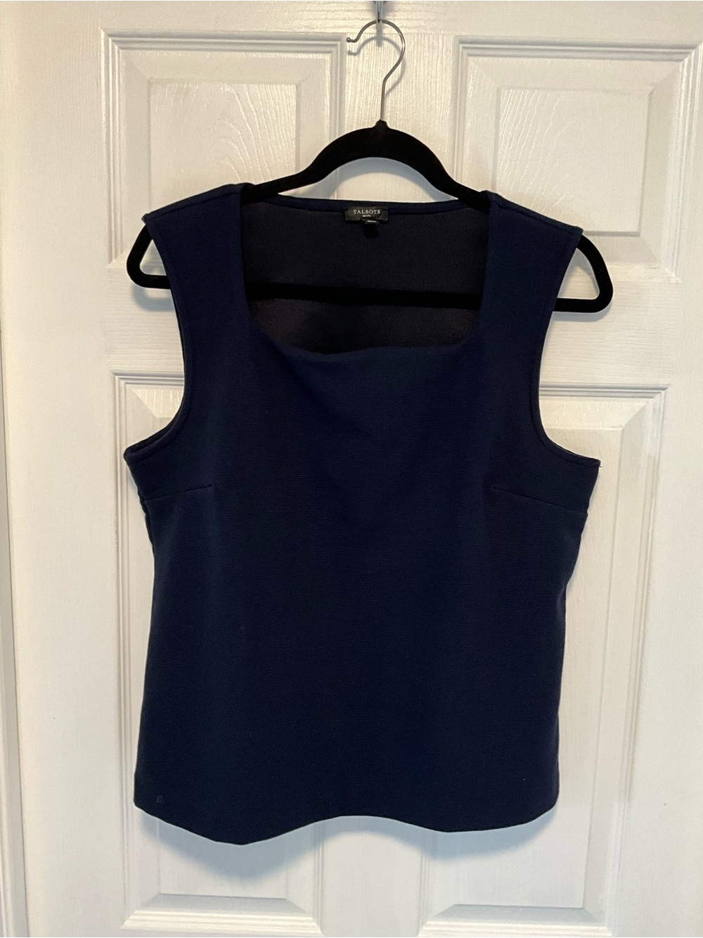 Talbots Navy Blue Textured Square Neck Sleeveless Top Size Large/Petite EUC